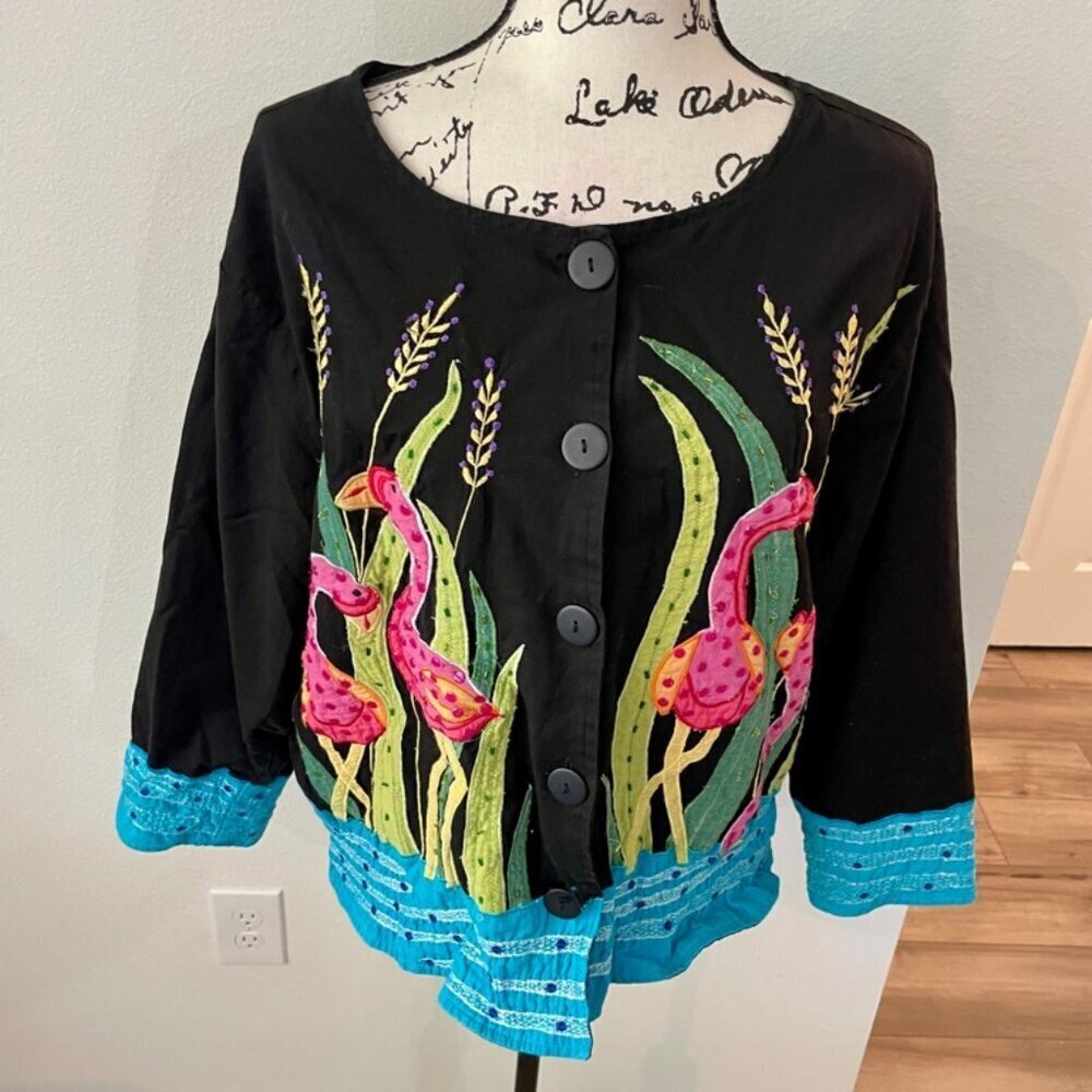 90’s Y2K FLAMINGO ALL OVER BLAZER COAT EMBROIDERED BEADED SZ XL RARE  ECLECTIC - Picture 7 of 16